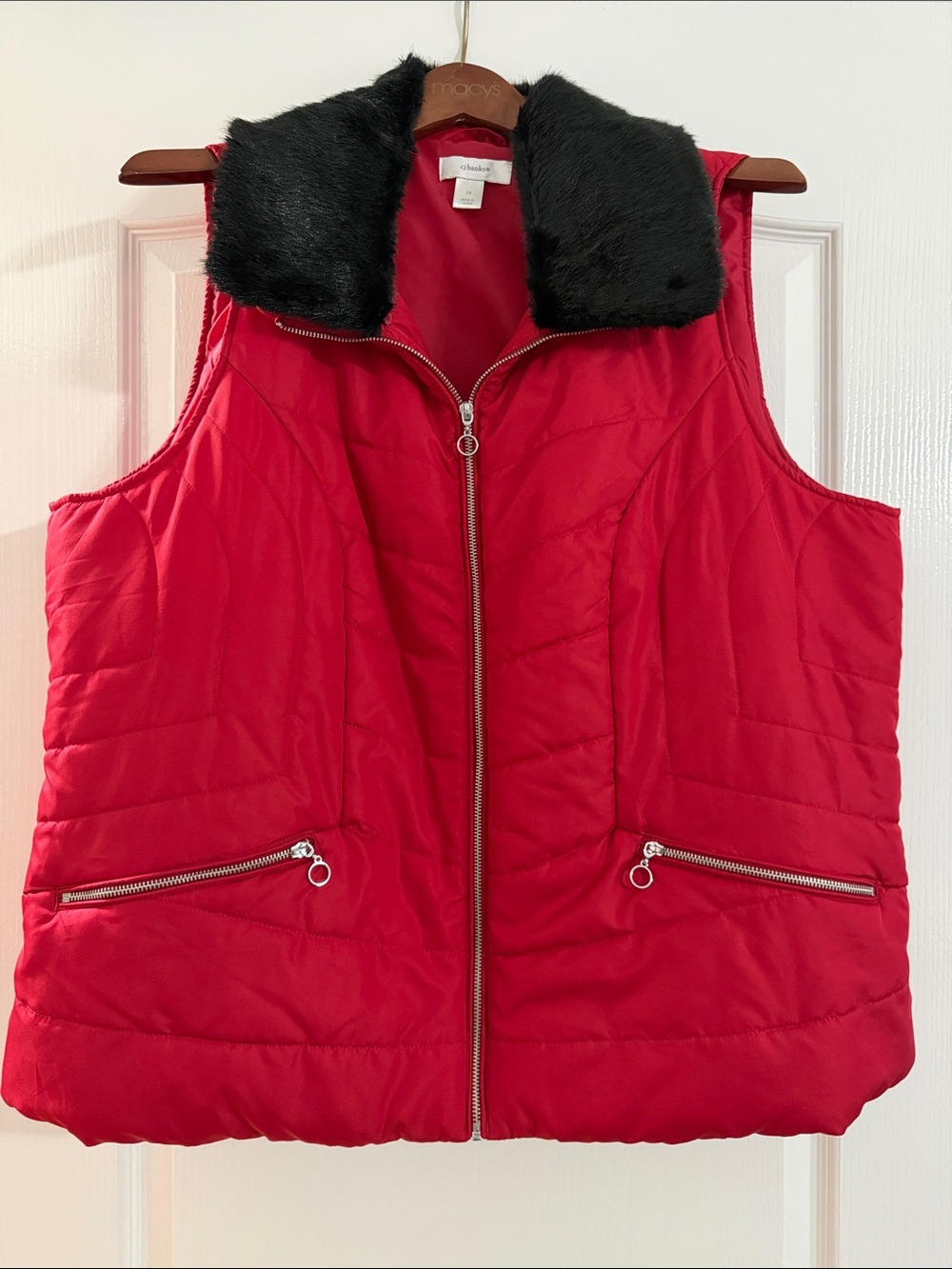 CJ Banks Red Quilted Vest with Removable Black Faux Fur Collar